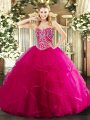 Top Selling Hot Pink Sleeveless Beading and Ruffles Floor Length Quinceanera Dresses