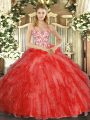 Flare Coral Red Ball Gowns Straps Sleeveless Organza Floor Length Lace Up Beading and Ruffles 15th Birthday Dress