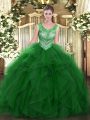 Artistic Green Organza Lace Up 15th Birthday Dress Sleeveless Floor Length Beading and Ruffles