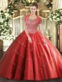 Scoop Sleeveless Clasp Handle Ball Gown Prom Dress Coral Red Tulle