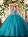 Romantic Teal Tulle Lace Up Straps Sleeveless Floor Length Ball Gown Prom Dress Beading