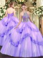 Fancy Floor Length Ball Gowns Sleeveless Lavender Quinceanera Gown Lace Up