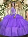 Glittering Lavender Sleeveless Floor Length Beading and Ruffled Layers Lace Up Quinceanera Gown