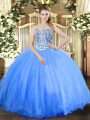Baby Blue Ball Gowns Beading Vestidos de Quinceanera Lace Up Tulle Sleeveless Floor Length
