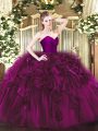 Fuchsia Ball Gowns Ruffles Vestidos de Quinceanera Zipper Organza Sleeveless Floor Length