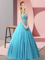 Attractive Sleeveless Tulle Floor Length Lace Up Prom Dresses in Baby Blue with Beading