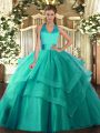 Turquoise Sleeveless Floor Length Ruffled Layers Lace Up 15 Quinceanera Dress