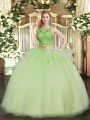 Yellow Green Two Pieces Organza Scoop Sleeveless Beading Floor Length Lace Up 15 Quinceanera Dress
