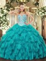 Affordable Tulle Sweetheart Sleeveless Lace Up Beading and Ruffles Quinceanera Dress in Teal