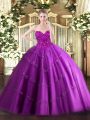 Fuchsia Ball Gowns Sweetheart Sleeveless Tulle Floor Length Lace Up Beading Quinceanera Gown