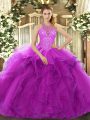 Flare Fuchsia Organza Lace Up High-neck Sleeveless Floor Length Quinceanera Gown Beading and Ruffles