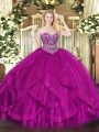Fuchsia 15th Birthday Dress Military Ball and Sweet 16 and Quinceanera with Beading and Ruffles Sweetheart Sleeveless Lace Up