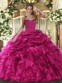 Organza Halter Top Sleeveless Lace Up Ruffles and Pick Ups Quince Ball Gowns in Hot Pink