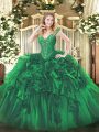 Flirting Green Sleeveless Floor Length Beading and Ruffles Lace Up Vestidos de Quinceanera