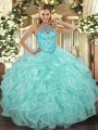 Deluxe Apple Green Sleeveless Floor Length Beading and Ruffles Lace Up Sweet 16 Quinceanera Dress