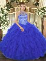 Edgy Ball Gowns Vestidos de Quinceanera Royal Blue Halter Top Organza Sleeveless Floor Length Lace Up