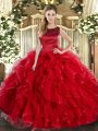 New Arrival Scoop Sleeveless Lace Up Vestidos de Quinceanera Red Tulle