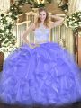 Classical Lavender Organza Zipper Quince Ball Gowns Sleeveless Floor Length Lace and Ruffles