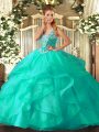Smart Floor Length Turquoise Sweet 16 Quinceanera Dress Straps Sleeveless Lace Up