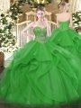 Traditional Green Tulle Lace Up Sweet 16 Dresses Sleeveless Floor Length Beading and Ruffles