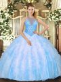 Sleeveless Floor Length Beading and Ruffles Lace Up Sweet 16 Dresses with Baby Blue