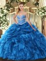 Modern Blue Ball Gowns Beading and Ruffles and Pick Ups Quinceanera Dress Lace Up Organza Sleeveless Floor Length