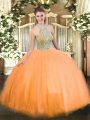 Orange Tulle Lace Up Quinceanera Gowns Sleeveless Floor Length Beading