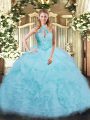 Modest Floor Length Aqua Blue 15 Quinceanera Dress Halter Top Sleeveless Lace Up