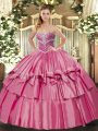 Spectacular Sleeveless Floor Length Beading and Ruffled Layers Lace Up Vestidos de Quinceanera with Hot Pink