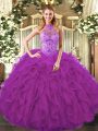 Luxurious Halter Top Sleeveless Organza Quinceanera Dress Beading and Ruffles Lace Up