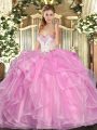 Sleeveless Floor Length Beading and Ruffles Lace Up Quinceanera Gowns with Rose Pink