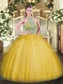 Floor Length Gold Ball Gown Prom Dress Tulle Sleeveless Beading and Ruffles