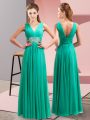 Turquoise Empire V-neck Sleeveless Chiffon Floor Length Side Zipper Beading and Ruching Prom Evening Gown