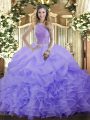 Organza High-neck Sleeveless Lace Up Beading and Ruffles and Pick Ups 15 Quinceanera Dress in Lavender