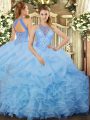 Gorgeous Floor Length Aqua Blue 15 Quinceanera Dress Organza Sleeveless Beading and Ruffles and Pick Ups