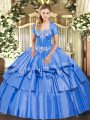 Suitable Baby Blue Sweetheart Neckline Beading and Ruffled Layers Quinceanera Dress Sleeveless Lace Up