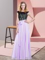 Simple Floor Length Lavender Chiffon Sleeveless Lace and Belt