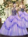 Shining Lavender Sleeveless Floor Length Beading and Appliques Lace Up Ball Gown Prom Dress