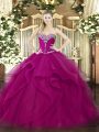Custom Designed Fuchsia Ball Gowns Sweetheart Sleeveless Tulle Floor Length Lace Up Beading and Ruffles Sweet 16 Dress