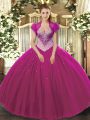 Fuchsia Sleeveless Floor Length Beading Lace Up 15th Birthday Dress