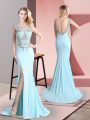 Exceptional Sleeveless Chiffon Sweep Train Backless Prom Dress in Aqua Blue with Beading
