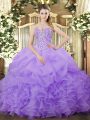 Sleeveless Organza Floor Length Lace Up Quinceanera Gowns in Lilac with Beading and Ruffles and Pick Ups