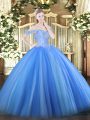 Fitting Baby Blue Ball Gowns Beading Sweet 16 Dresses Lace Up Tulle Sleeveless Floor Length