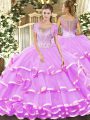Pretty Floor Length Clasp Handle Ball Gown Prom Dress Lilac for Military Ball and Sweet 16 and Quinceanera with Beading and Ruffled Layers