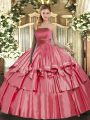 Coral Red Quince Ball Gowns Military Ball and Sweet 16 and Quinceanera with Ruffled Layers Strapless Sleeveless Lace Up