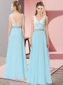 Aqua Blue Sleeveless Floor Length Beading Backless
