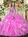 High-neck Sleeveless Lace Up 15 Quinceanera Dress Rose Pink Organza