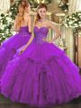 Charming Eggplant Purple Tulle Lace Up Vestidos de Quinceanera Sleeveless Floor Length Beading and Ruffles