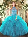 Teal Ball Gowns Halter Top Sleeveless Organza Floor Length Lace Up Beading and Ruffles Sweet 16 Dresses
