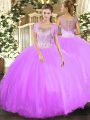 Modern Lilac Tulle Clasp Handle Scoop Sleeveless Floor Length Sweet 16 Dress Beading